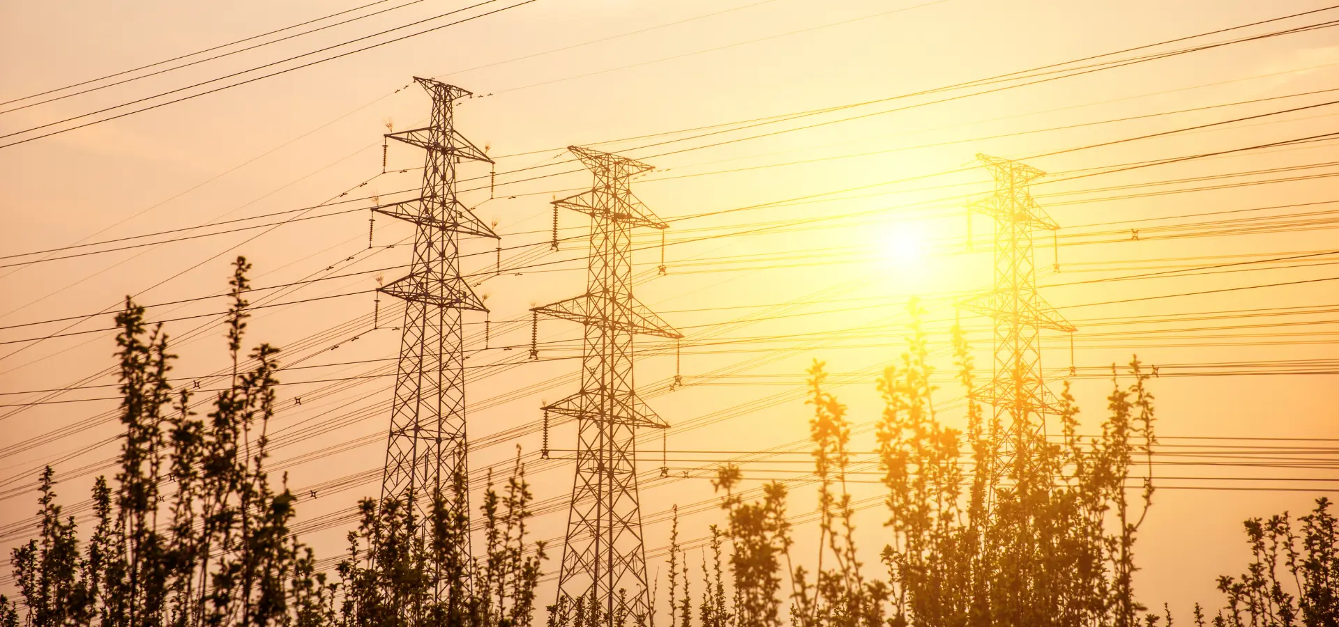Power transmission lines at sunset representing energy infrastructure and regulatory compliance