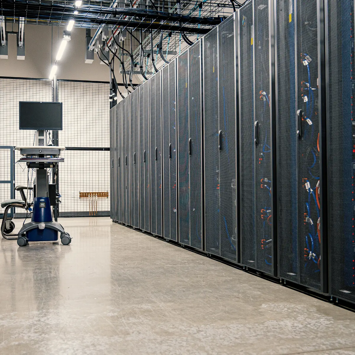 Row of server cabinets in a data center aisle